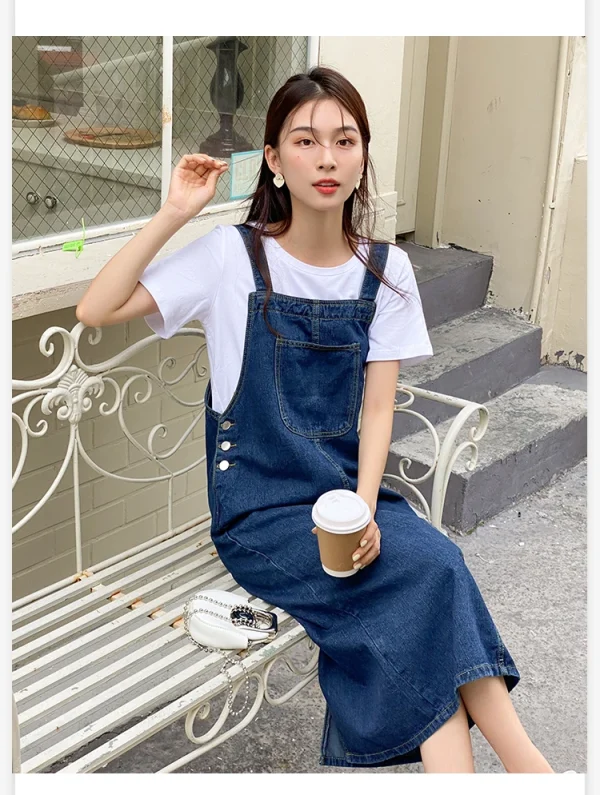 Women Denim Straps Dress 2023 New Spring Summer Loose Straight Dress Female Versatile Casual Mid-Length Split Frock - Image 14