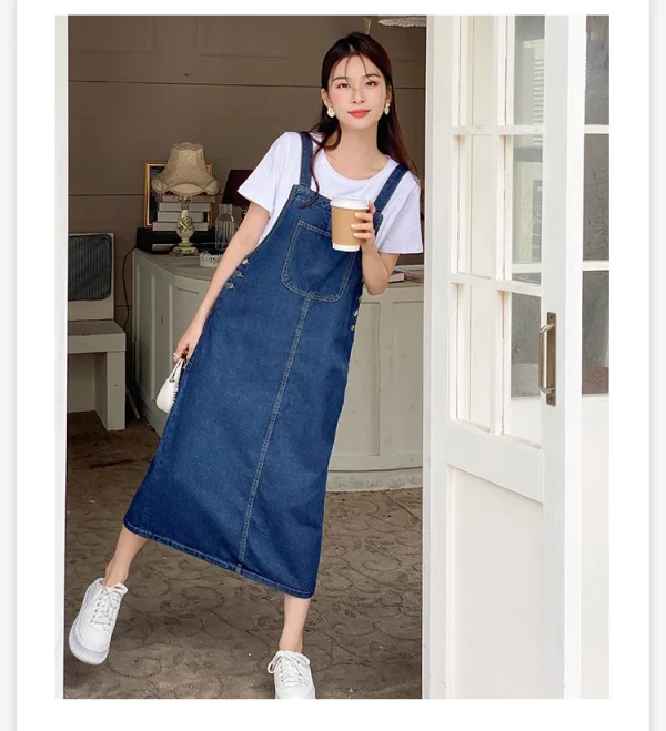 Women Denim Straps Dress 2023 New Spring Summer Loose Straight Dress Female Versatile Casual Mid-Length Split Frock - Image 17