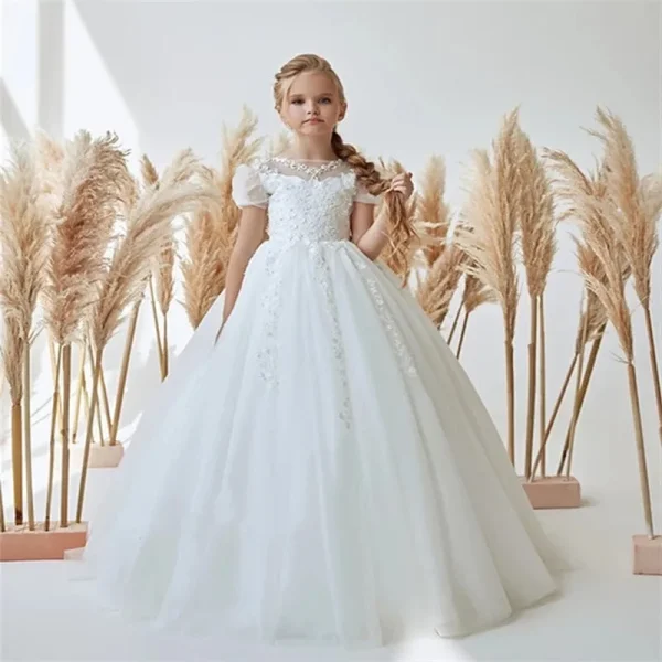 Luxurious White Flower Girl Dress Long Train With Bow Bead Birthday Ball Ball Gown Princess Holy First Communion Gowns - Image 15