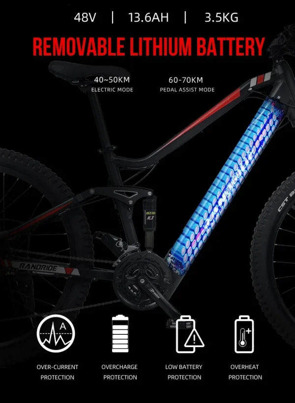 RANDRIDE YS90 1000W 48V Electric Bicycle SHIMANO Hydraulic Break Mountain Ebike Full Suspension Adult Bicycle and Electric Bike - Image 11