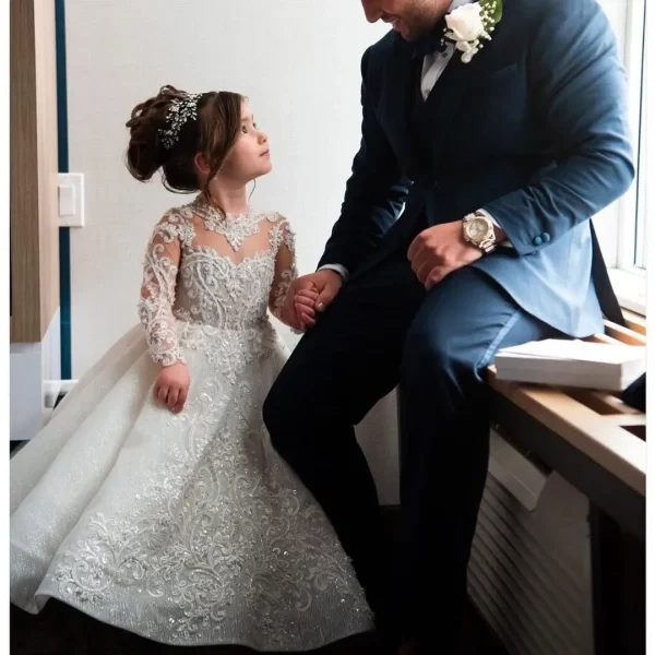 Luxurious White Flower Girl Dress Long Train With Bow Bead Birthday Ball Ball Gown Princess Holy First Communion Gowns - Image 5