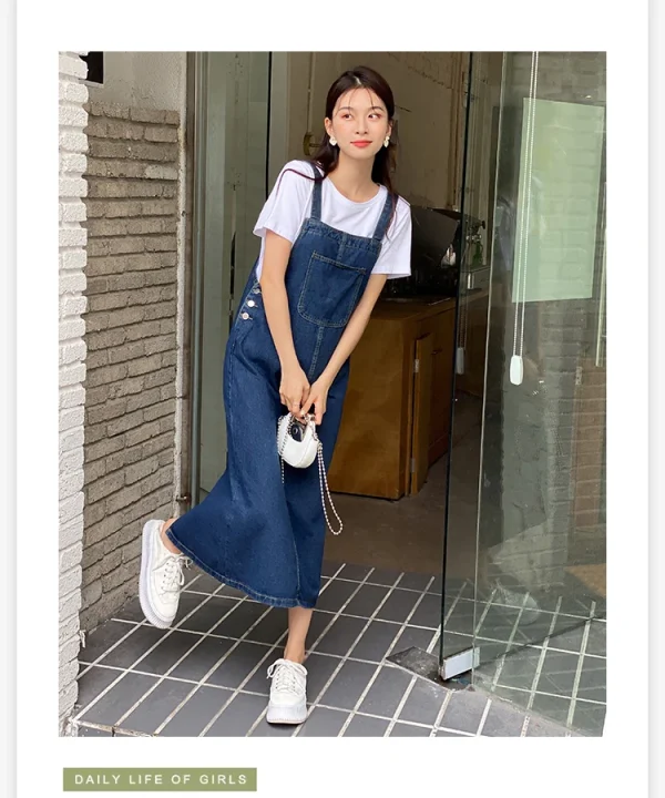Women Denim Straps Dress 2023 New Spring Summer Loose Straight Dress Female Versatile Casual Mid-Length Split Frock - Image 12