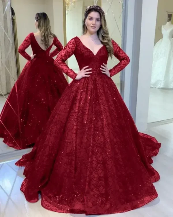 Plus Size Red Shinny Wedding Party Dresses 2022 New Lady V Neck Long Sleeve Gown Mother Of The Bride DressEvening Party Vestido - Image 2