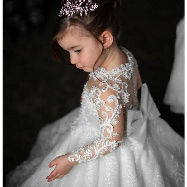 Luxurious White Flower Girl Dress Long Train With Bow Bead Birthday Ball Ball Gown Princess Holy First Communion Gowns - Image 25