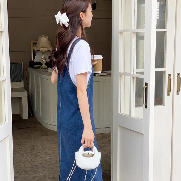 Women Denim Straps Dress 2023 New Spring Summer Loose Straight Dress Female Versatile Casual Mid-Length Split Frock - Image 4