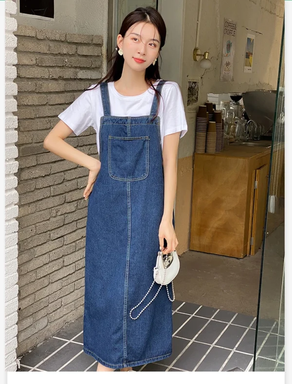Women Denim Straps Dress 2023 New Spring Summer Loose Straight Dress Female Versatile Casual Mid-Length Split Frock - Image 7