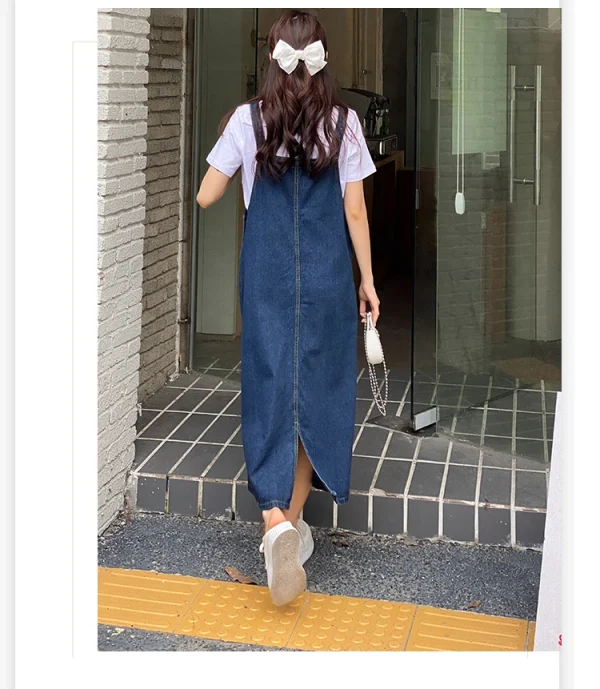 Women Denim Straps Dress 2023 New Spring Summer Loose Straight Dress Female Versatile Casual Mid-Length Split Frock - Image 10
