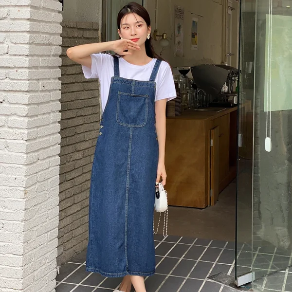 Women Denim Straps Dress 2023 New Spring Summer Loose Straight Dress Female Versatile Casual Mid-Length Split Frock - Image 3
