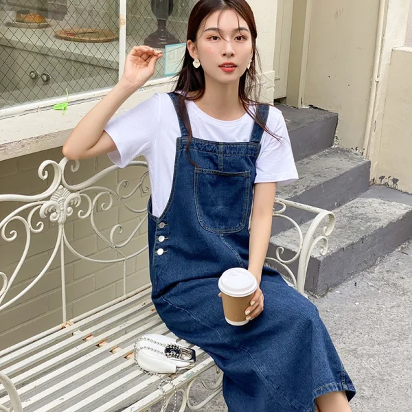 Women Denim Straps Dress 2023 New Spring Summer Loose Straight Dress Female Versatile Casual Mid-Length Split Frock - Image 2