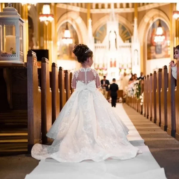 Luxurious White Flower Girl Dress Long Train With Bow Bead Birthday Ball Ball Gown Princess Holy First Communion Gowns - Image 2