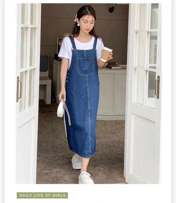 Women Denim Straps Dress 2023 New Spring Summer Loose Straight Dress Female Versatile Casual Mid-Length Split Frock - Image 18