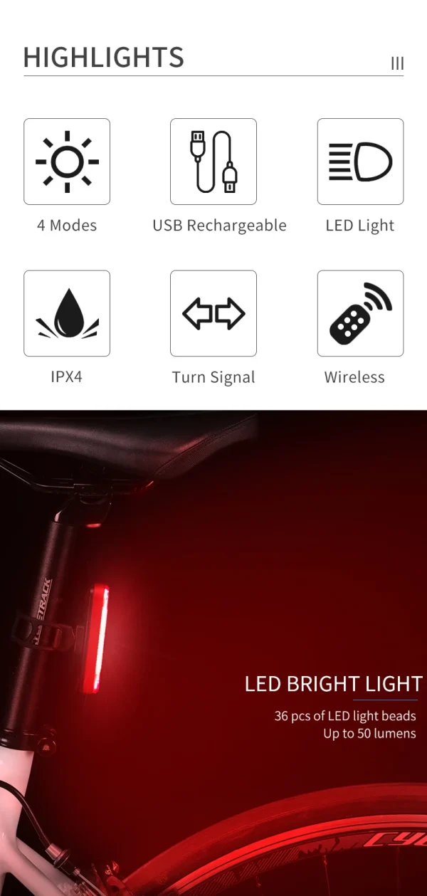 Bicycle Light USB Rechargeable Tail Light Warning Bike Rear Light Smart Wireless Remote Turn Signal Light LED Bicycle Lantern - Image 9