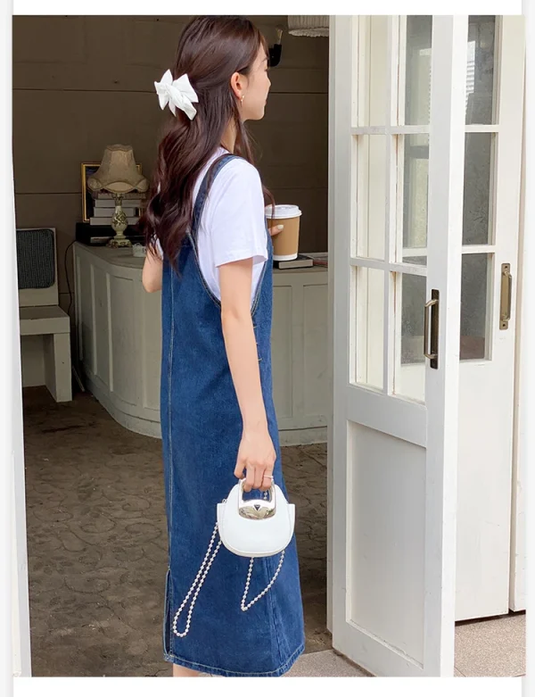 Women Denim Straps Dress 2023 New Spring Summer Loose Straight Dress Female Versatile Casual Mid-Length Split Frock - Image 19