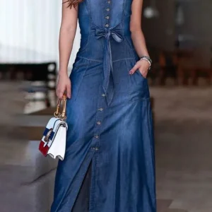 Sexy Women's Tank Dress Pockets Single Breasted Sleeveless Denim Vintage Casual High Street Slim Mermaid Long Dress for Summmer