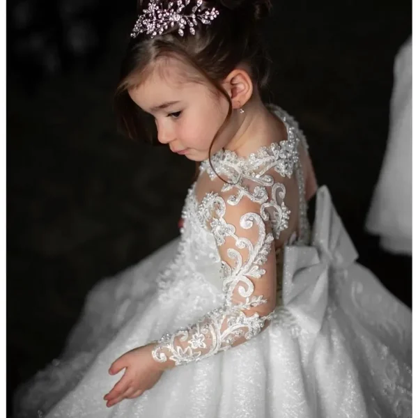 Luxurious White Flower Girl Dress Long Train With Bow Bead Birthday Ball Ball Gown Princess Holy First Communion Gowns - Image 4