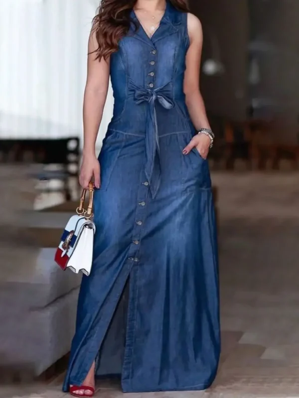Sexy Women's Tank Dress Pockets Single Breasted Sleeveless Denim Vintage Casual High Street Slim Mermaid Long Dress for Summmer - Image 4