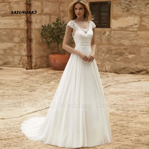 Elegant Boho V-Neck Lace Chiffon Wedding Dresses for Women A-Line Sweep Train Cap Sleeve  Appliques Bride Gown Vestidos De Novia