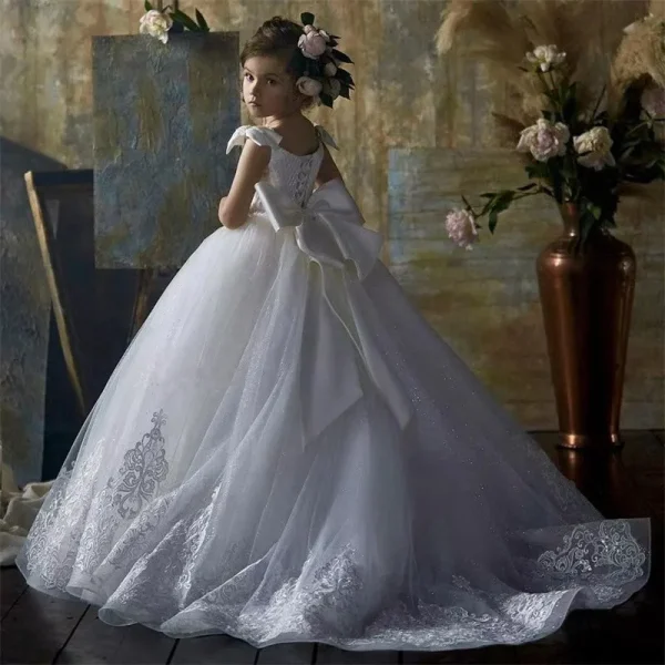 Luxurious White Flower Girl Dress Long Train With Bow Bead Birthday Ball Ball Gown Princess Holy First Communion Gowns - Image 14