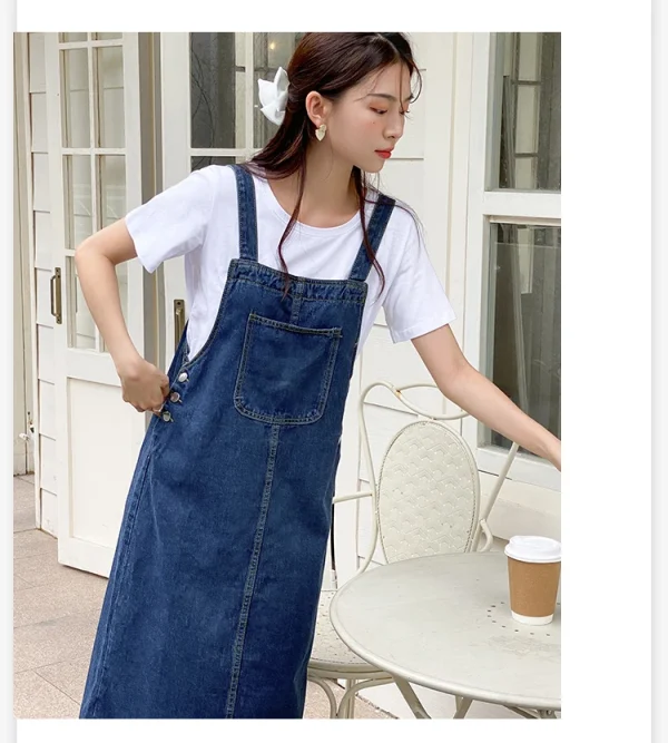 Women Denim Straps Dress 2023 New Spring Summer Loose Straight Dress Female Versatile Casual Mid-Length Split Frock - Image 15