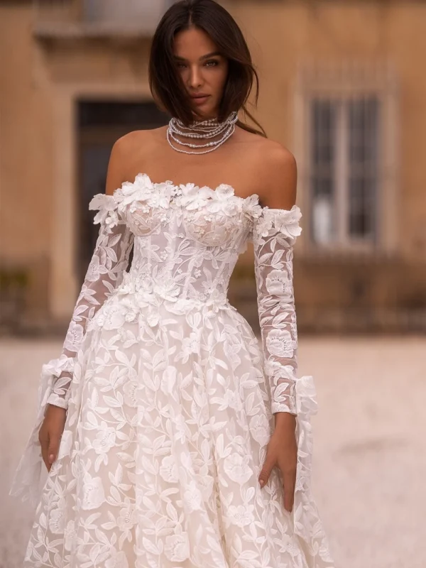 Graceful Off The Shoulder Wedding Dress Classic Lace Appliques Bride Robe Vintage White Bridal Gown Customized Robe De Mariée - Image 3