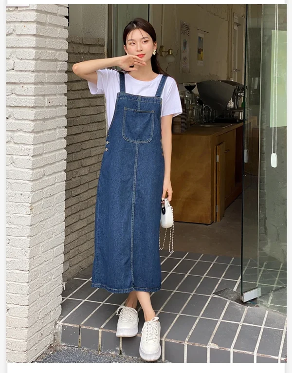 Women Denim Straps Dress 2023 New Spring Summer Loose Straight Dress Female Versatile Casual Mid-Length Split Frock - Image 11