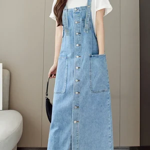 2023 New S-5XL Denim Tank Top Dress Women's Fashion Loose Comfort Summer French Retro Large Pocket Strap Dress