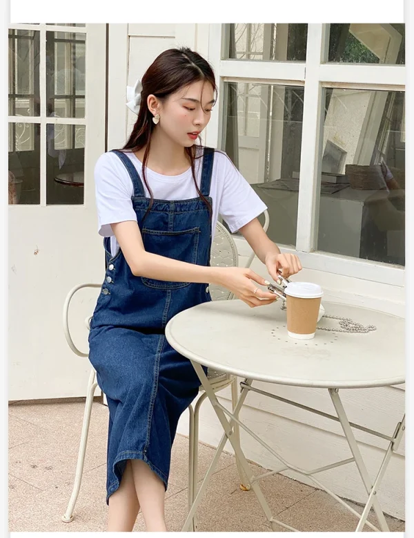 Women Denim Straps Dress 2023 New Spring Summer Loose Straight Dress Female Versatile Casual Mid-Length Split Frock - Image 16