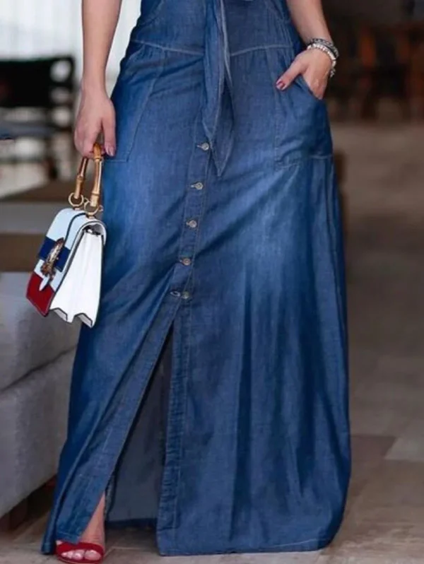 Sexy Women's Tank Dress Pockets Single Breasted Sleeveless Denim Vintage Casual High Street Slim Mermaid Long Dress for Summmer - Image 2