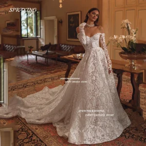 SPRAYING Elegant Off Shoulder Lace Wedding Dress Saudi Arabia Floor Length Bridal Gown Long Sleeve Robe De Mariage Customized