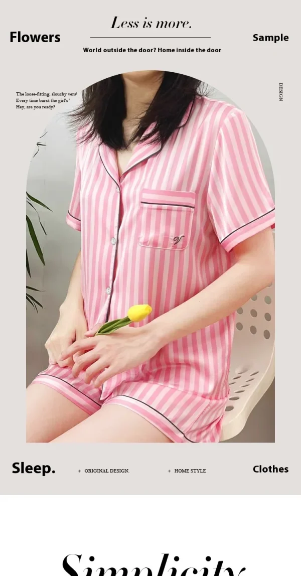 Large Size Women Pajamas Set Short-Sleeved Student Homewear Two-Piece Cardigan Lapel Senior Sense of Striped Short-Sleeved Short - Image 7