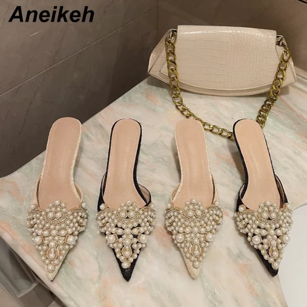 Aneikeh Spring/Autumn Fashion Sexy Women Shoes Elegant String Bead Crystal Patchwork Slip-On 35-42 Thin Heels Slipper NEW 2025 - Image 3
