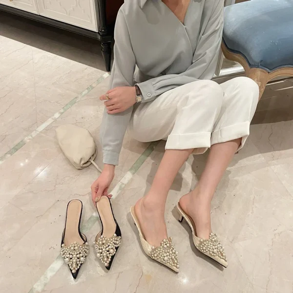 Aneikeh Spring/Autumn Fashion Sexy Women Shoes Elegant String Bead Crystal Patchwork Slip-On 35-42 Thin Heels Slipper NEW 2025 - Image 13