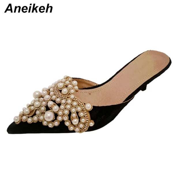 Aneikeh Spring/Autumn Fashion Sexy Women Shoes Elegant String Bead Crystal Patchwork Slip-On 35-42 Thin Heels Slipper NEW 2025 - Image 4