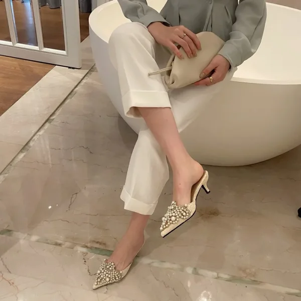 Aneikeh Spring/Autumn Fashion Sexy Women Shoes Elegant String Bead Crystal Patchwork Slip-On 35-42 Thin Heels Slipper NEW 2025 - Image 16