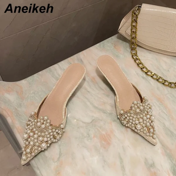 Aneikeh Spring/Autumn Fashion Sexy Women Shoes Elegant String Bead Crystal Patchwork Slip-On 35-42 Thin Heels Slipper NEW 2025 - Image 2