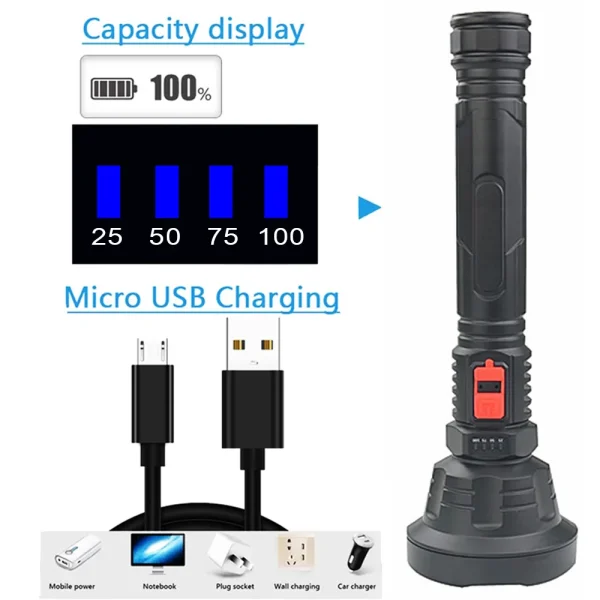 XHP50 Super Powerful LED Flashlight Tactical Torch Built-in 18650 Battery USB Rechargeable Waterproof Lamp Ultra Bright Lantern - Image 5