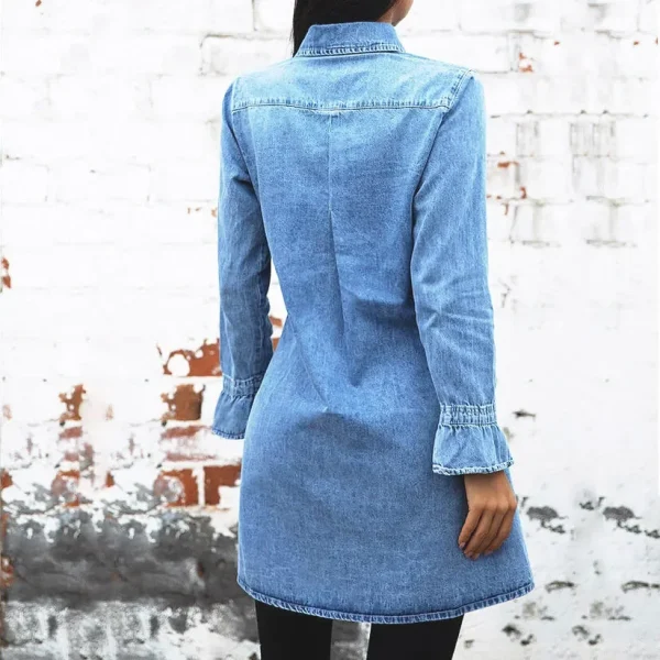 Women Denim Dress Long Sleeve Single Breasted Loose Fit A Line Dresses Turn Down Collar Splice Office Lady Elegant Vestidos - Image 4