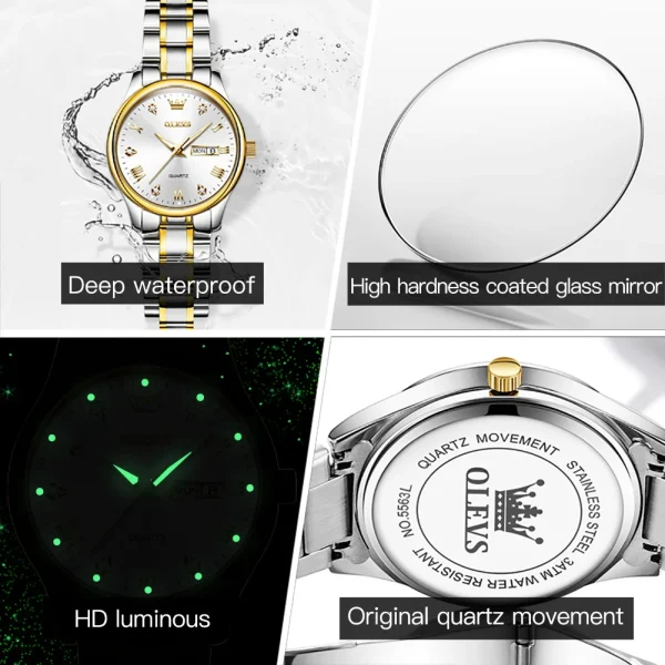 OLEVS 5563 Diamond Luxury Quartz Couple Watches Stainless Steel Waterproof Watch For Men Women Dual Calendar Fashion Hand Clock - Image 6