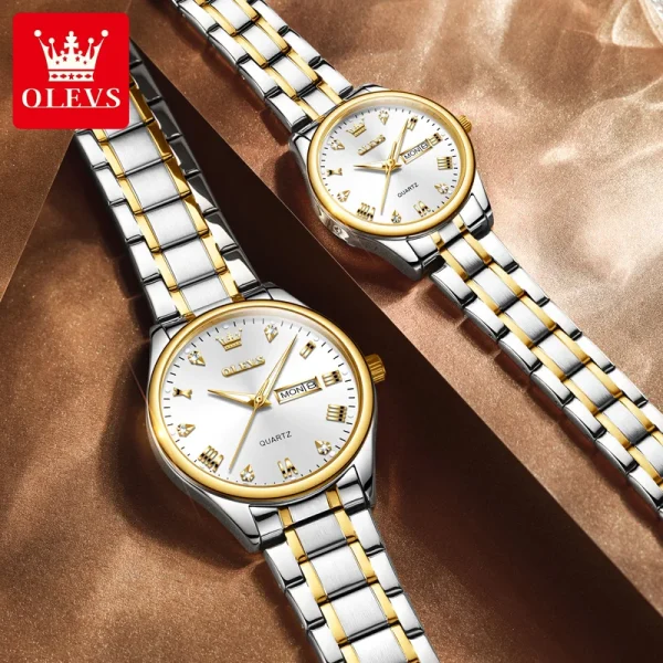 OLEVS 5563 Diamond Luxury Quartz Couple Watches Stainless Steel Waterproof Watch For Men Women Dual Calendar Fashion Hand Clock - Image 3