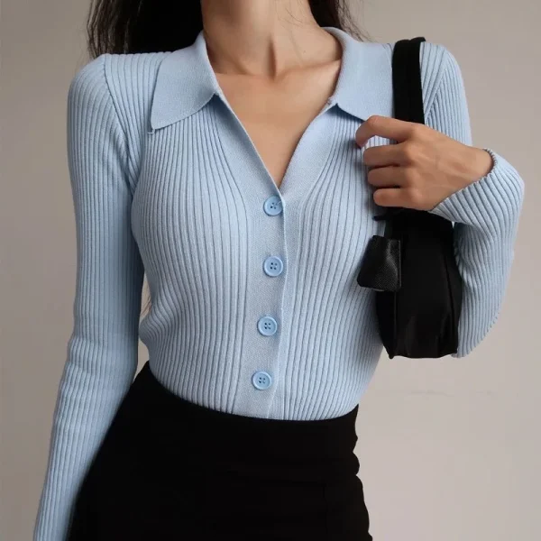 High Quality 2024 New Women Lapel Slim Slimming Tops Ladies Button Up Sexy V Neck Long Sleeve POLO Neck Knit Cardigan Sweater - Image 2