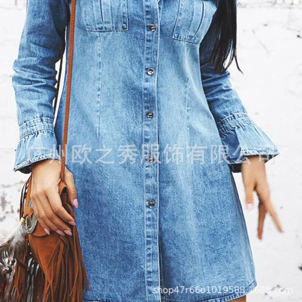 Women Denim Dress Long Sleeve Single Breasted Loose Fit A Line Dresses Turn Down Collar Splice Office Lady Elegant Vestidos - Image 13