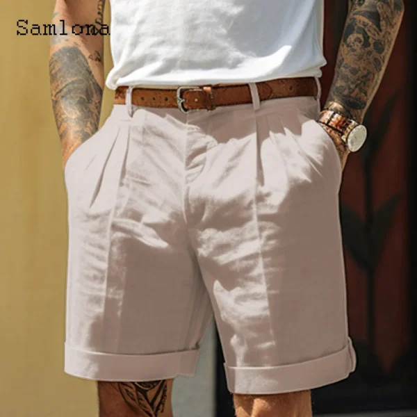 2024 America and Europe Style Casual Linen Beach Shorts Men's Stand Pocket Classic Basic Shorts Khaki White Soft Half Pants New