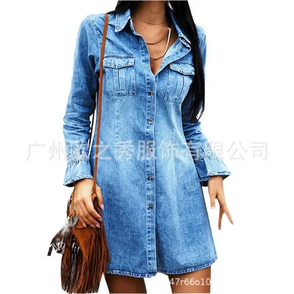 Women Denim Dress Long Sleeve Single Breasted Loose Fit A Line Dresses Turn Down Collar Splice Office Lady Elegant Vestidos - Image 5