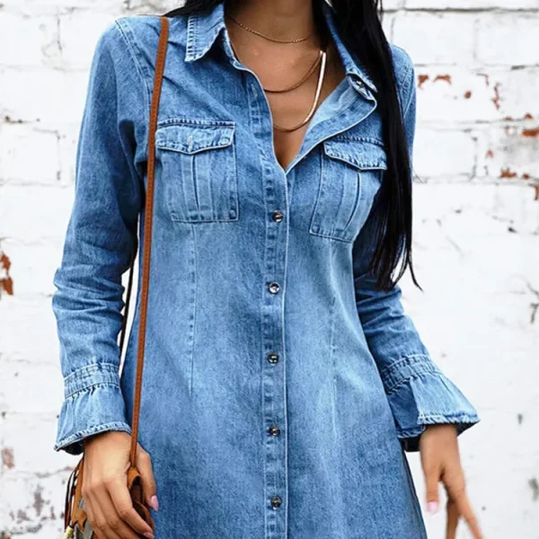 Women Denim Dress Long Sleeve Single Breasted Loose Fit A Line Dresses Turn Down Collar Splice Office Lady Elegant Vestidos - Image 11