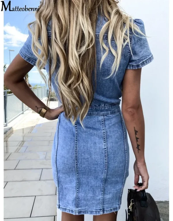 New Autumn Women Short Sleeve Button Up Knee Length Pencil Denim Dress Vintage Sexy Casual Bodycon Midi Jeans Dresses Streetwear - Image 3