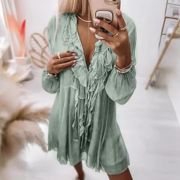 Summer Beach Style Ruffles Tassel Tie Up Pink Dress for Women Elegant Sexy V-neck Loose Fit Holiday Party Dress Chiffon Vestidos - Image 3