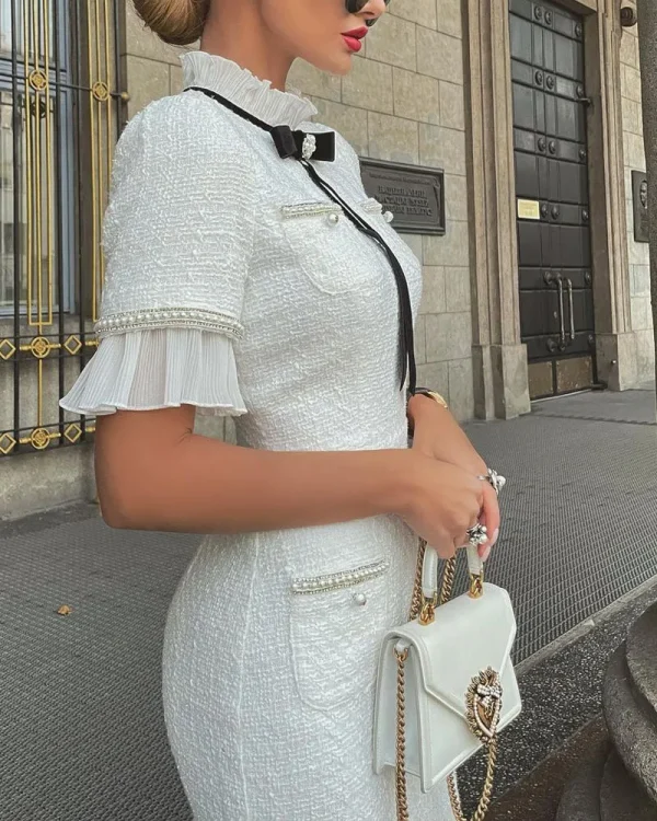 Elegant Womens dresses New Slim Round Neck Short Sleeves Bow Ruffle Hem Beaded Formal Fragrant Breeze White Dress vestidos - Image 2