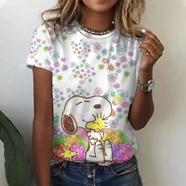 Snoopy Print T-shirt For Women Summer Girls Clothes Tees Female Harajuku Sweatshirt Blouse V-neck Short Sleeve Tops