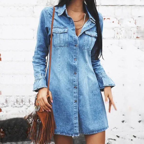 Women Denim Dress Long Sleeve Single Breasted Loose Fit A Line Dresses Turn Down Collar Splice Office Lady Elegant Vestidos - Image 7