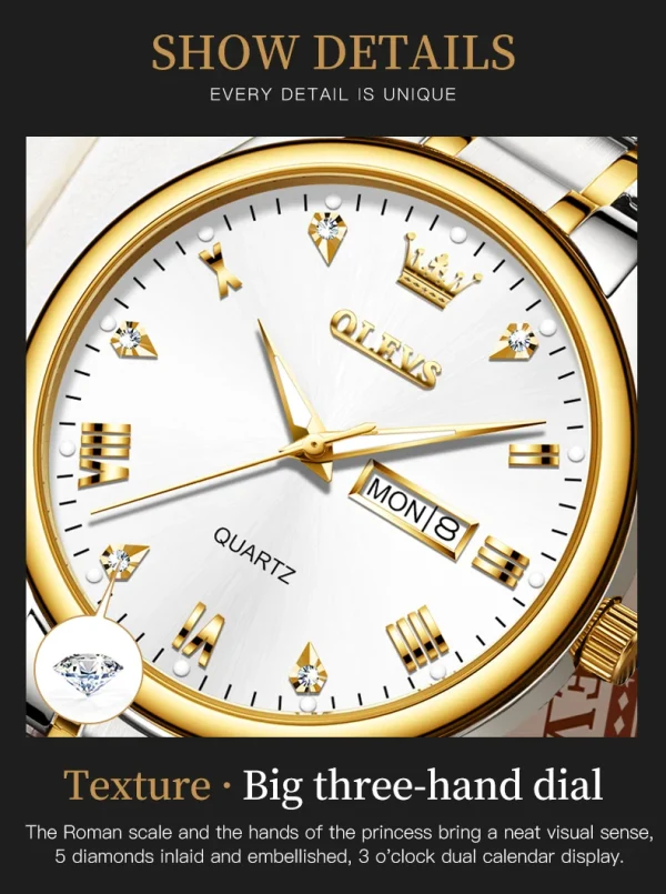 OLEVS 5563 Diamond Luxury Quartz Couple Watches Stainless Steel Waterproof Watch For Men Women Dual Calendar Fashion Hand Clock - Image 30